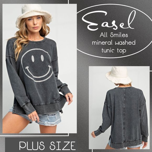 easel Tops - EASEL "All Smiles"  Mineral Washed 100% Soft Cotton Terry Knit Tunic Side Slits